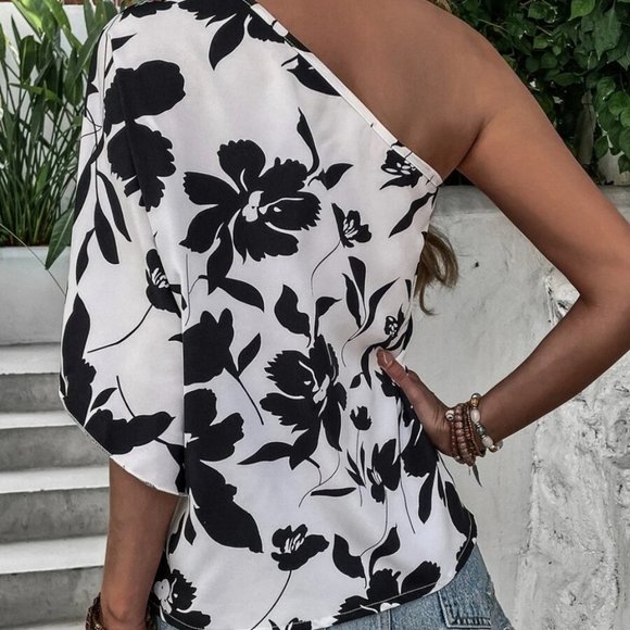 Floral One Shoulder Bohemian Cottagecore Top white black - Picture 5 of 6